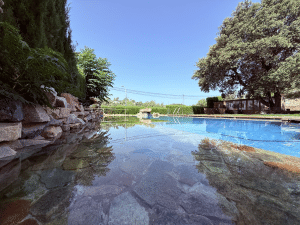 Detalle de piscina con área de rocas sumergidas y agua cristalina en chalet en Las Pajanosas, Guillena.