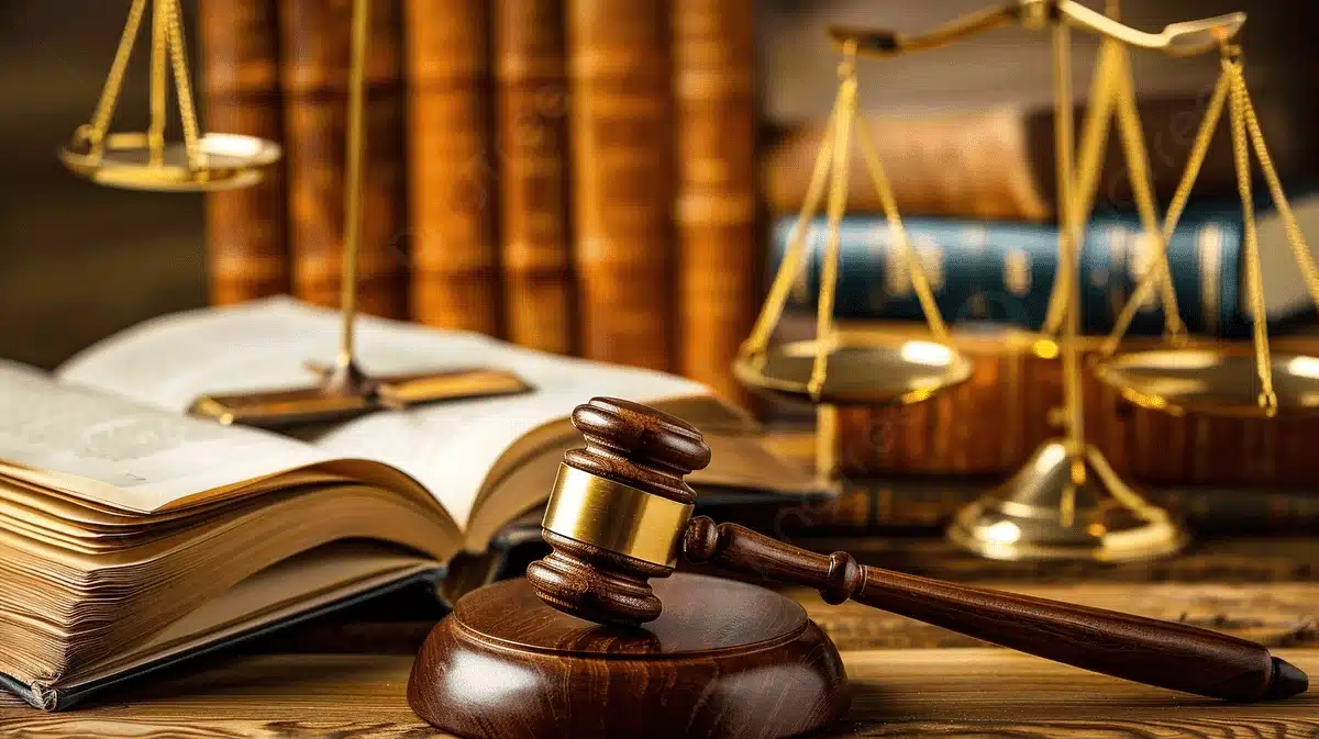 Un mazo de juez de madera en primer plano y, detrás, borroso, una balanza de la justicia